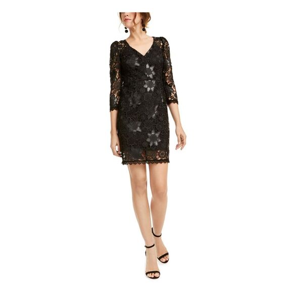 NANETTE LEPORE Womens Lace 3/4 Sleeve V Neck Short Evening Shift Dress